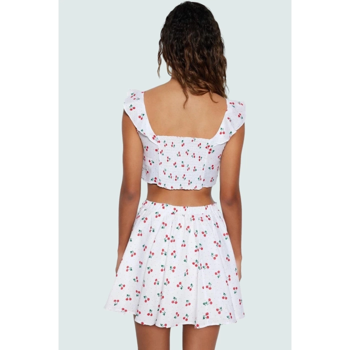 Pamuk Çilekli Yazlık Bluz Etek Takım Kolsuz Bisiklet Yaka Fitted Geniş Paça Konforlu Kesim