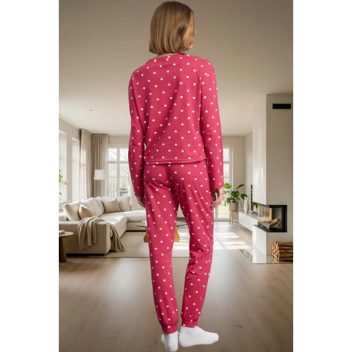 Pamuk Pijama Takımı Kalpli Desen Regular Kalıp Rahat Uyku Dayanıklı Malzeme