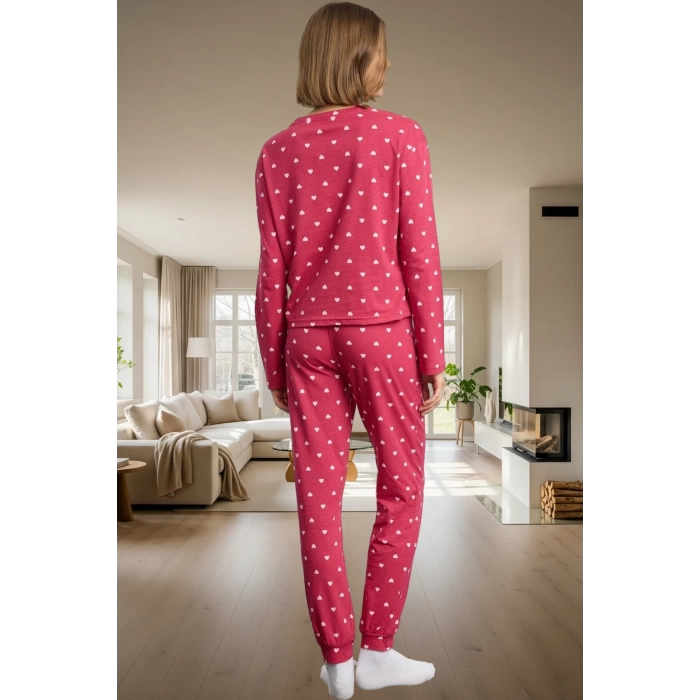 Pamuk Pijama Takımı Kalpli Desen Regular Kalıp Rahat Uyku Dayanıklı Malzeme
