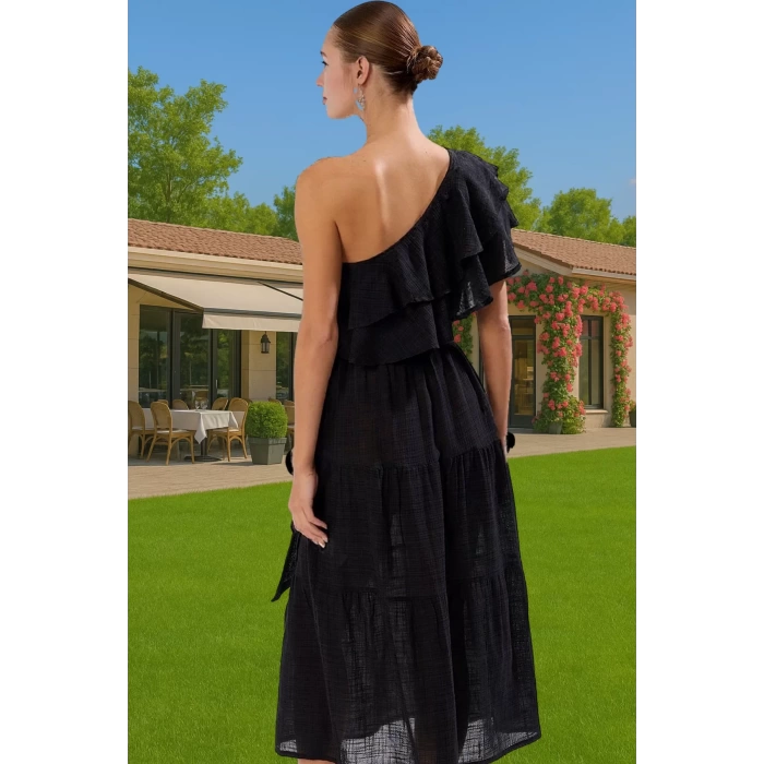 Pamuk Viskoz Keten Maxi Elbise Tek Omuzlu Volanlı Yazlık Zarifane Tasarım Modern Stil Seçkin Malzeme