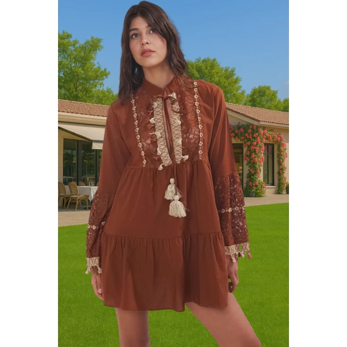 Pamuk Vual Dokuma Dantelli Püsküllü Mini Yazlık Elbise Rahat Ve Şık Modern Stil Yüksek Kalite