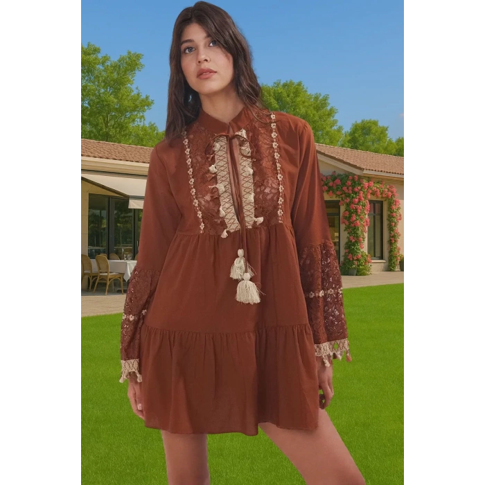 Pamuk Vual Dokuma Dantelli Püsküllü Mini Yazlık Elbise Rahat Ve Şık Modern Stil Yüksek Kalite