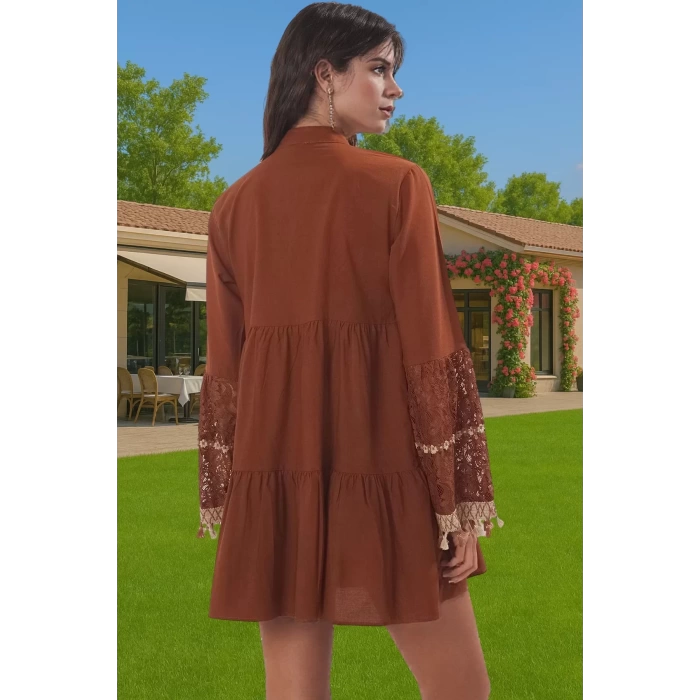Pamuk Vual Dokuma Dantelli Püsküllü Mini Yazlık Elbise Rahat Ve Şık Modern Stil Yüksek Kalite