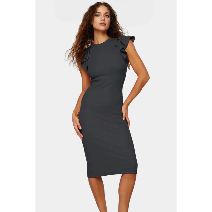 Pamuklu Bodycon Midi Elbise Renk Volanlı Detaylı Kadın Giyim Konforlu Kesim Dayanıklı Malzeme