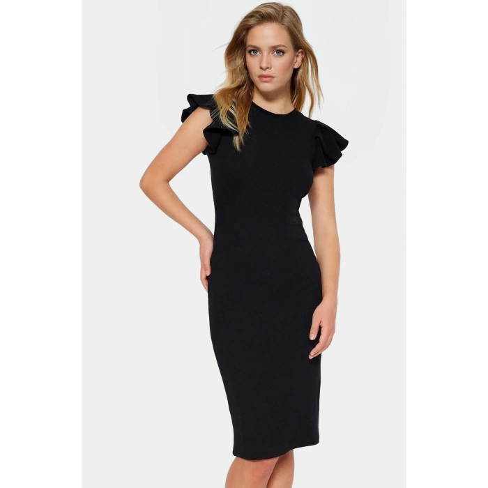 Pamuklu Bodycon Midi Elbise Renk Volanlı Detaylı Kadın Giyim Konforlu Kesim Dayanıklı Malzeme