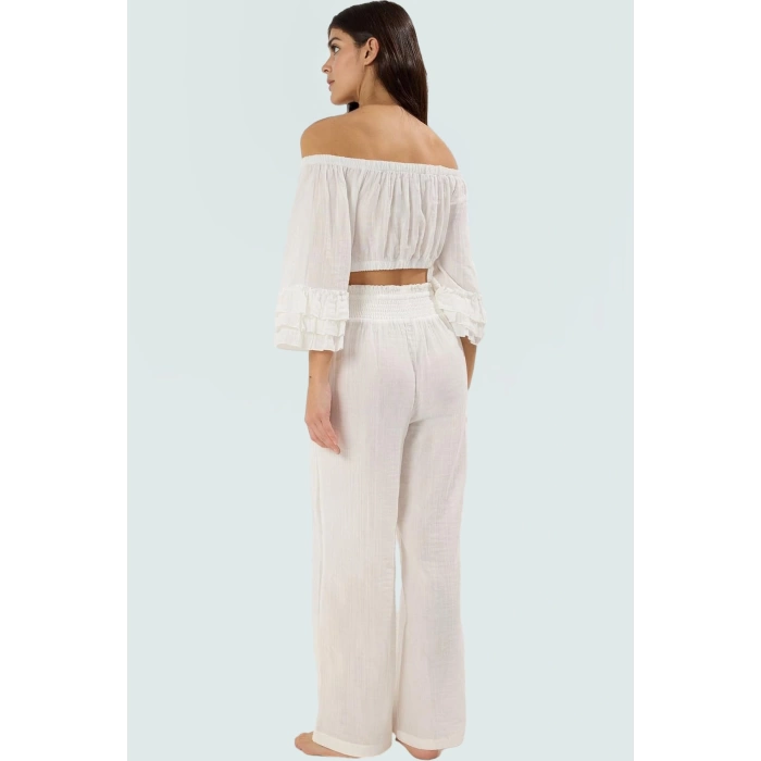 Pamuklu Carmen Yaka Bluz Pantolon Takım Dokuma Kumaş Yazlık Rahat Modern Stil