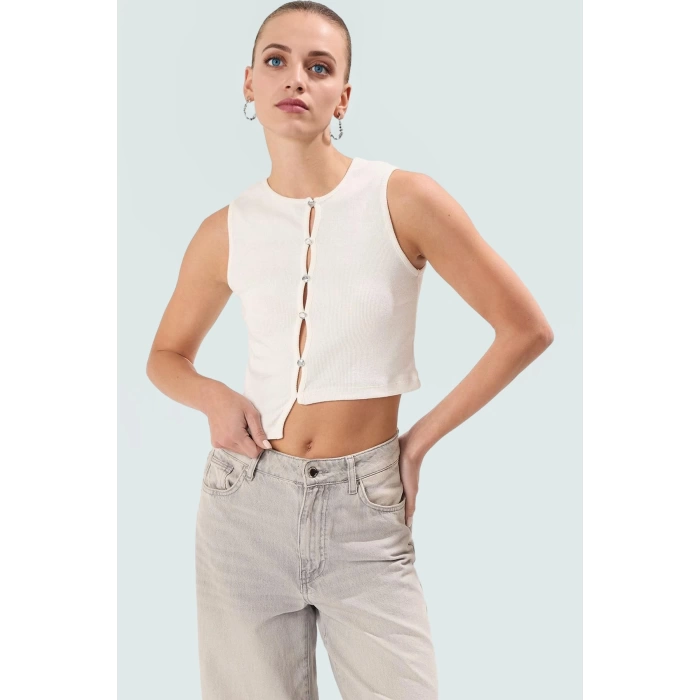 Pamuklu Crop Bluz Fitted Kaşkorse Örme Bisiklet Yaka Rahat Kullanım Trend Tasarım