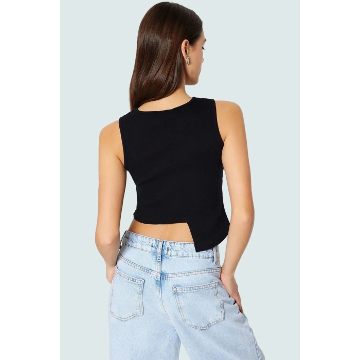 Pamuklu Crop Bluz Fitted Kaşkorse Örme Bisiklet Yaka Rahat Kullanım Trend Tasarım