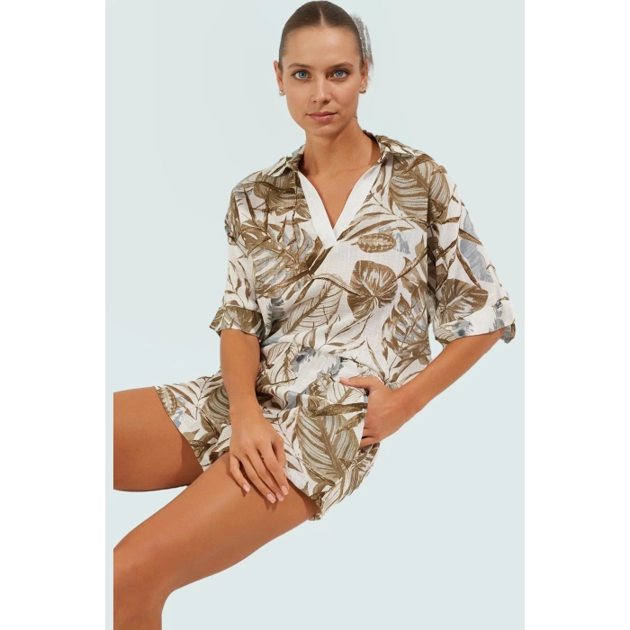Pamuklu Dokuma Çiçekli Bluz Pantolon Takımı Yazlık Plaj Modası Reglan Kol Seçkin Malzeme
