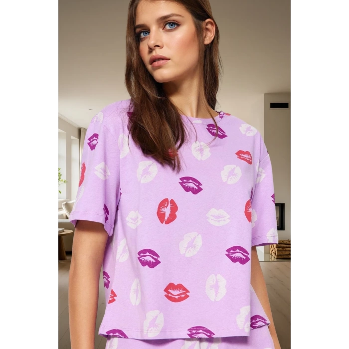 Pamuklu Dudak Desenli Örme Pijama Takımı Yazlık Rahat 2li Set Premium Kalite