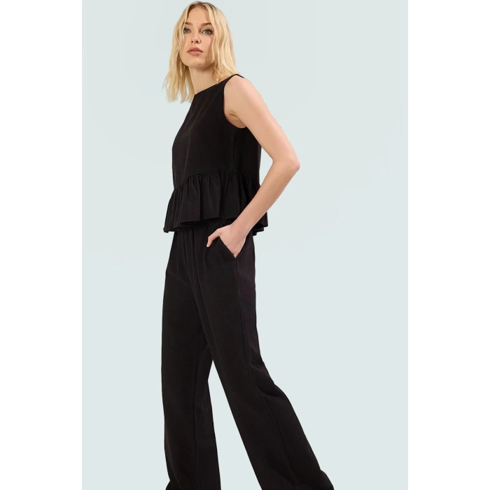 Pamuklu Fırfırlı Bluz Geniş Paça Pantolon Takım Yazlık Şıklık Yüksek Kalite