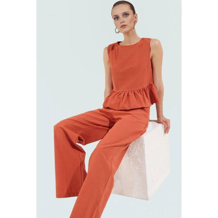 Pamuklu Fırfırlı Bluz Geniş Paça Pantolon Takım Yazlık Şıklık Yüksek Kalite