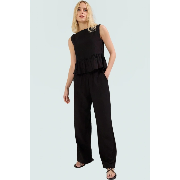 Pamuklu Fırfırlı Bluz Geniş Paça Pantolon Takım Yazlık Şıklık Yüksek Kalite