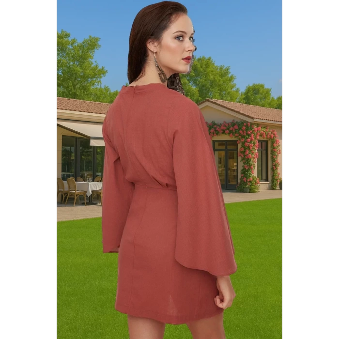 Pamuklu Flamlı Dokuma V Yaka Mini Elbise Rahat Yazlık Modern Stil Rahat Ve Şık Seçkin Malzeme