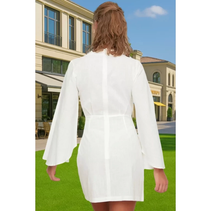 Pamuklu Flamlı Dokuma V Yaka Mini Elbise Rahat Yazlık Modern Stil Rahat Ve Şık Seçkin Malzeme