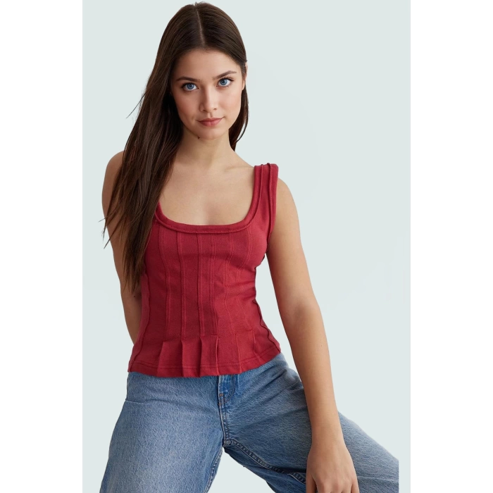 Pamuklu Kaşkorse Örme Bluz Fitted Kalıp Havuz Yaka Yazlık Günlük Yüksek Kalite