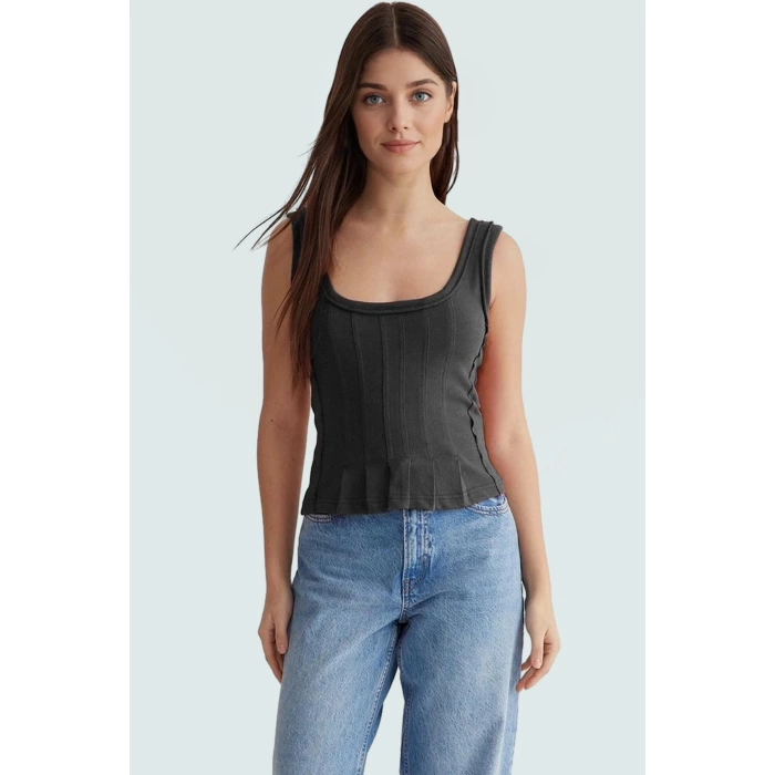 Pamuklu Kaşkorse Örme Bluz Fitted Kalıp Havuz Yaka Yazlık Günlük Yüksek Kalite