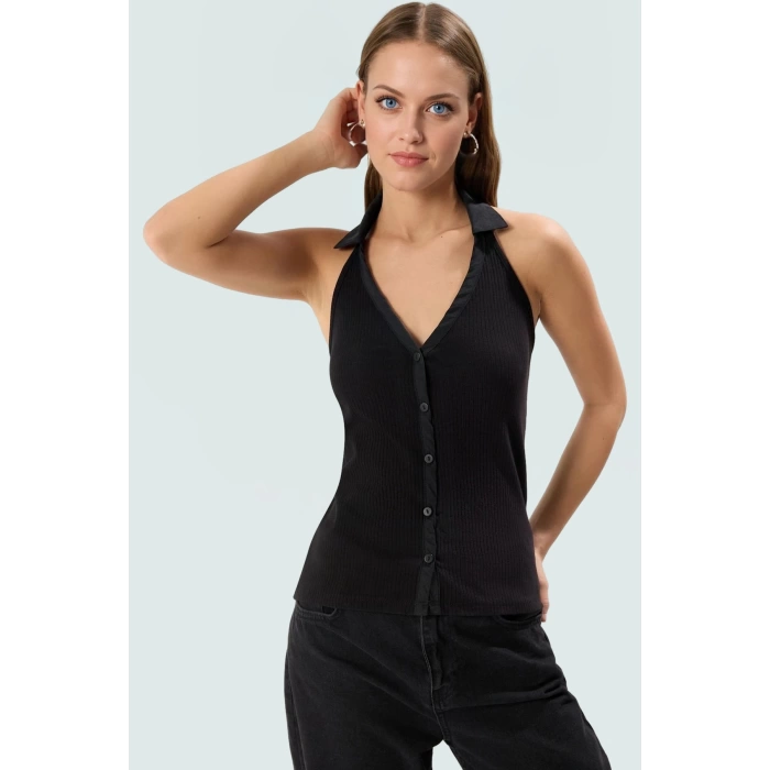 Pamuklu Kaşkorse Örme Bluz Renk Kolsuz Polo Yaka Fitted Fermuarlı Konforlu Kesim