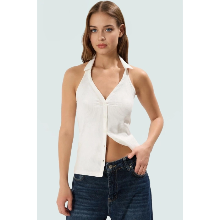 Pamuklu Kaşkorse Örme Bluz Renk Kolsuz Polo Yaka Fitted Fermuarlı Konforlu Kesim