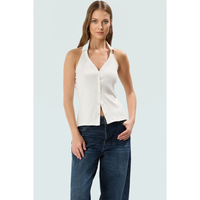 Pamuklu Kaşkorse Örme Bluz Renk Kolsuz Polo Yaka Fitted Fermuarlı Konforlu Kesim