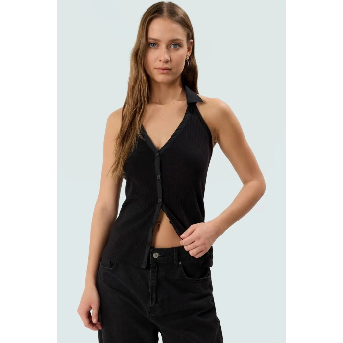 Pamuklu Kaşkorse Örme Bluz Renk Kolsuz Polo Yaka Fitted Fermuarlı Konforlu Kesim