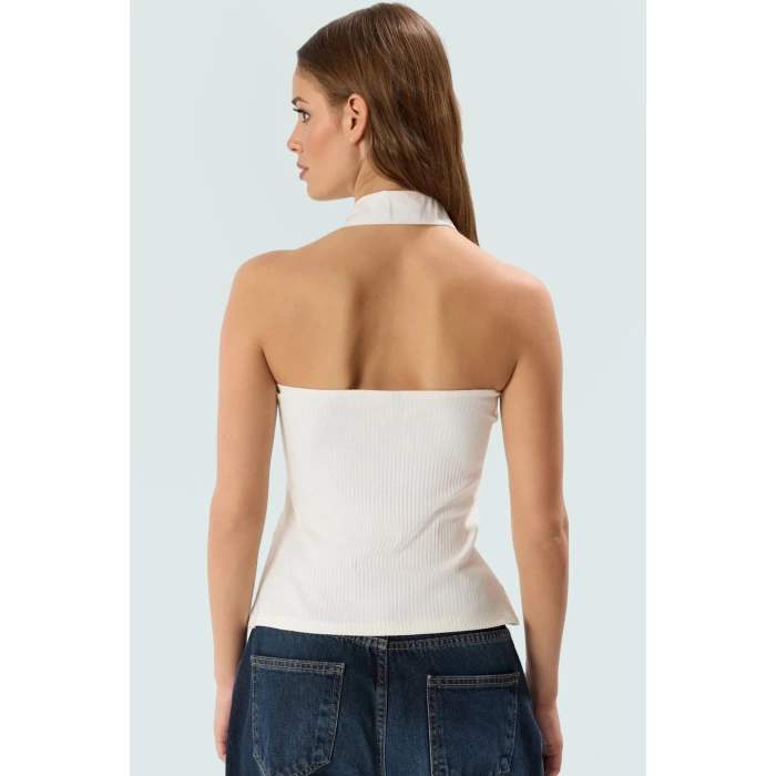 Pamuklu Kaşkorse Örme Bluz Renk Kolsuz Polo Yaka Fitted Fermuarlı Konforlu Kesim