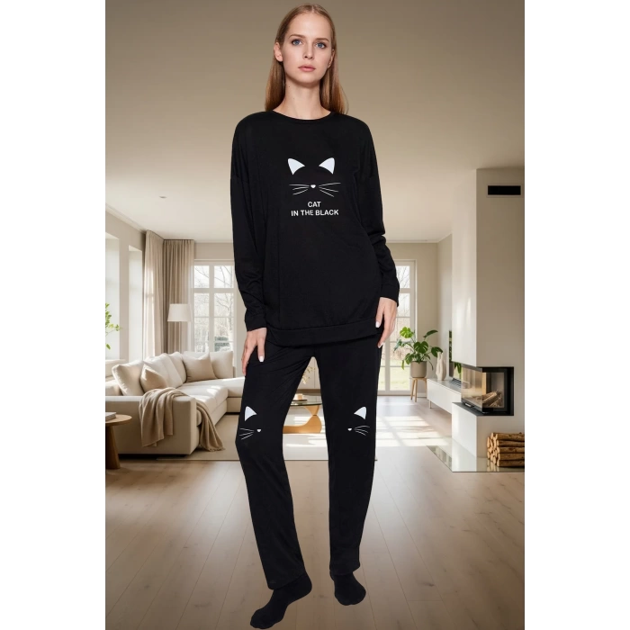 Pamuklu Kedi Desenli Rahat Pijama Takımı İdeal Kış Uykusu İçin Trend Tasarım Mükemmel Uyum