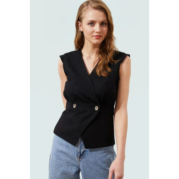 Pamuklu Keten Görünümlü Bluz; V Yaka Düğmeli Kolsuz Fitted Kalıp Özel Tasarım Özenle Seçilmiş