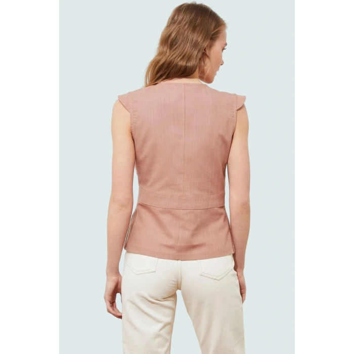 Pamuklu Keten Görünümlü Bluz; V Yaka Düğmeli Kolsuz Fitted Kalıp Özel Tasarım Özenle Seçilmiş