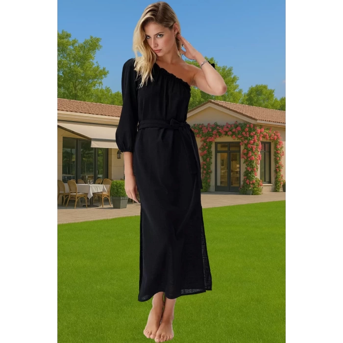 Pamuklu Keten Karışımlı Tek Omuz Maxi Elbise Rahat Yazlık Plaj Rahat Ve Şık Modern Stil Özel Tasarım