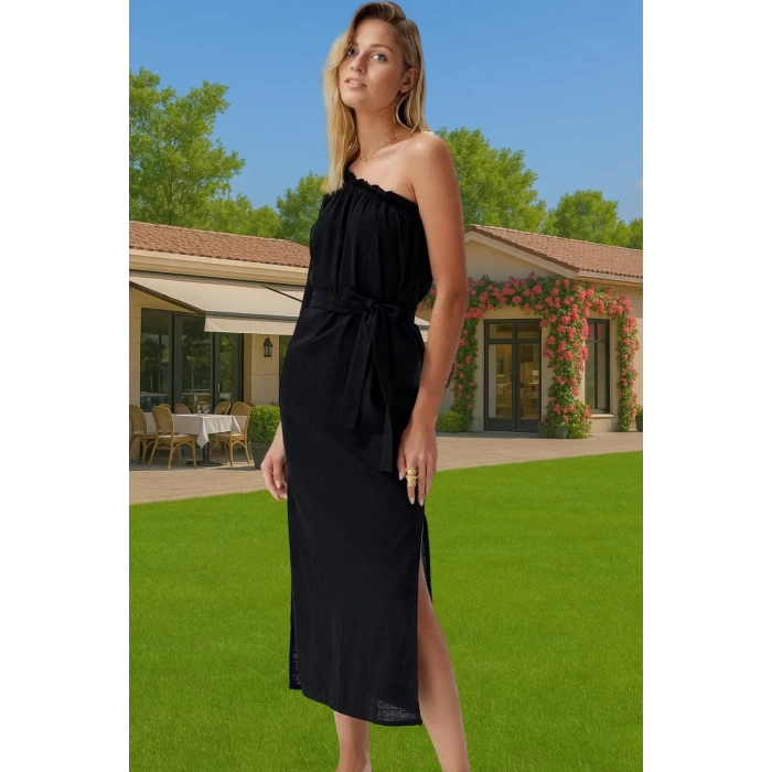 Pamuklu Keten Karışımlı Tek Omuz Maxi Elbise Rahat Yazlık Plaj Rahat Ve Şık Modern Stil Özel Tasarım