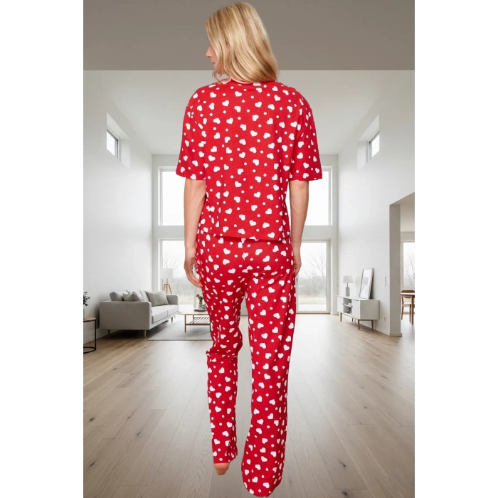 Pamuklu Kısa Kollu Kalpli Desenli Pijama Takımı Rahat ve Şık Tasarım Mükemmel Uyum