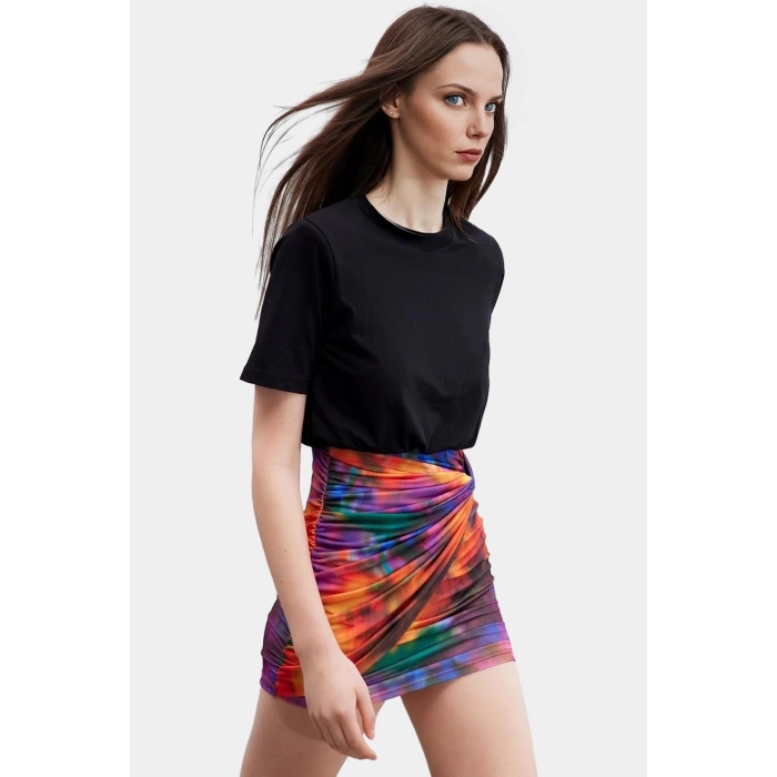 Pamuklu Mini Elbise Soyut Desenli Bodycon Kaliteli İşçilik Trend Tasarım Uzun Ömürlü