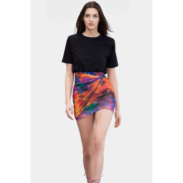 Pamuklu Mini Elbise Soyut Desenli Bodycon Kaliteli İşçilik Trend Tasarım Uzun Ömürlü