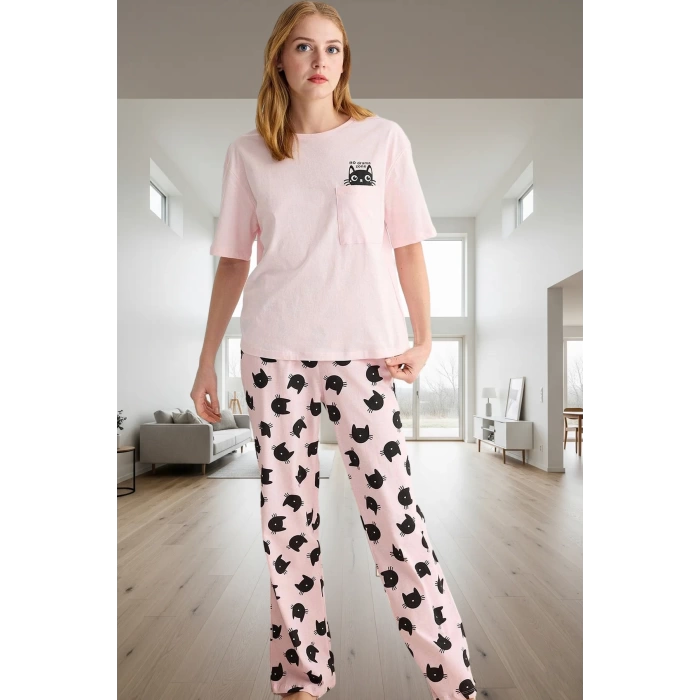 Pamuklu Örme Kedi Desenli Pijama Takımı İlkbahar Sonbahar Şık Görünüm Modern Stil