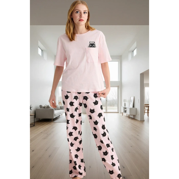 Pamuklu Örme Kedi Desenli Pijama Takımı İlkbahar Sonbahar Şık Görünüm Modern Stil