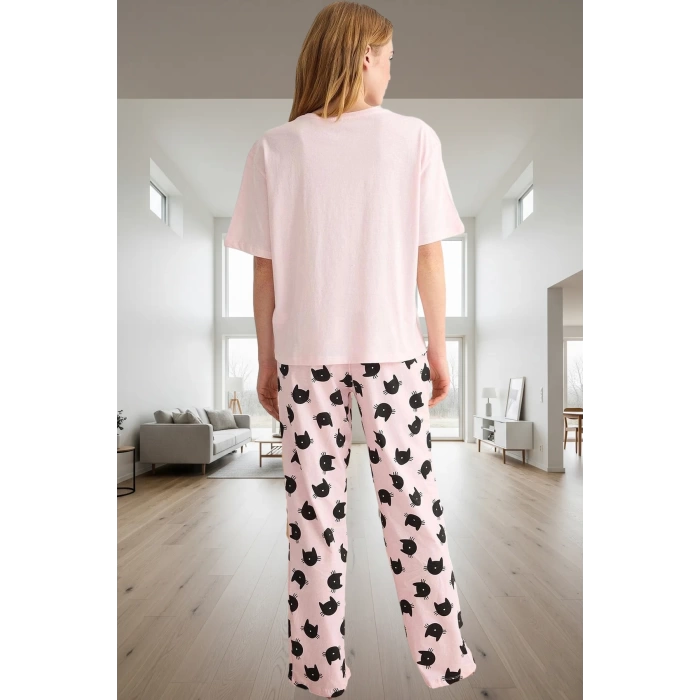 Pamuklu Örme Kedi Desenli Pijama Takımı İlkbahar Sonbahar Şık Görünüm Modern Stil