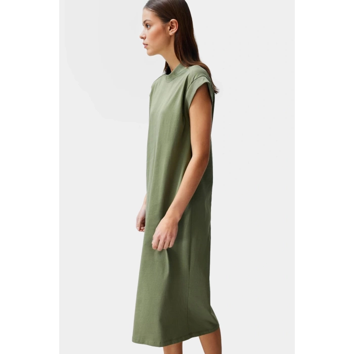 Pamuklu Rahat Kesim Midi T shirt Elbise Renk Ay Kol Düz Desen Modern Stil