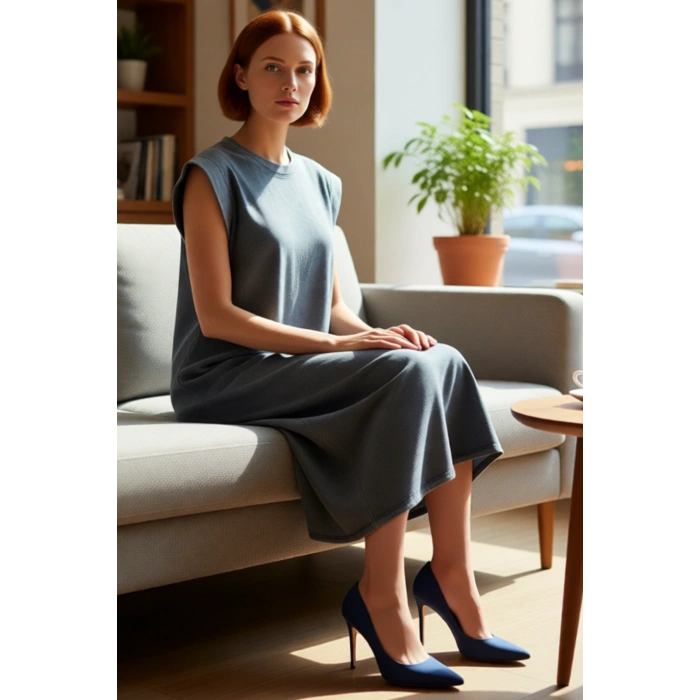 Pamuklu Rahat Kesim Midi T shirt Elbise Renk Ay Kol Düz Desen Modern Stil