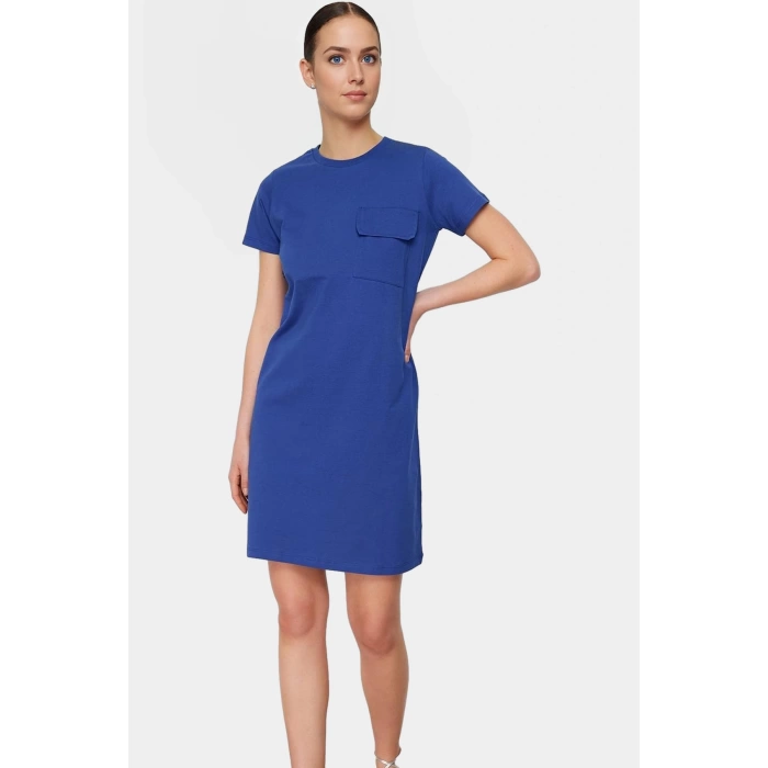 Pamuklu T shirt Elbise A line Cep Detaylı Kısa Kol Bisiklet Yaka Günlük Kullanım İçin