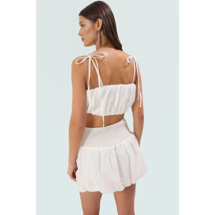 Pamuklu Yazlık Bluz Etek Takımı Flamlı Dokuma Crop Seçkin Malzeme Şık Görünüm Trend Tasarım