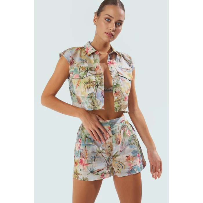 Pamuklu Yazlık Plaj Takımı Tropikal Desen Fitted Kalıp Özenle Seçilmiş Yüksek Kalite Modern Stil