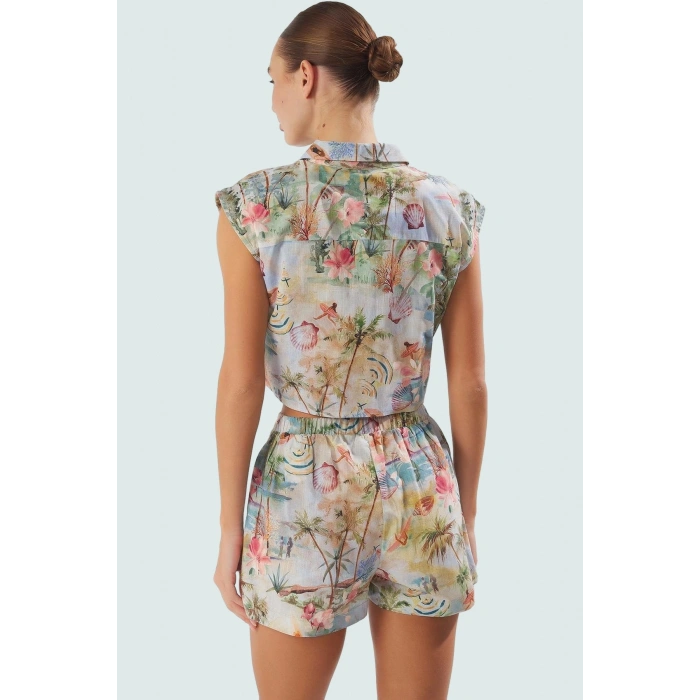 Pamuklu Yazlık Plaj Takımı Tropikal Desen Fitted Kalıp Özenle Seçilmiş Yüksek Kalite Modern Stil