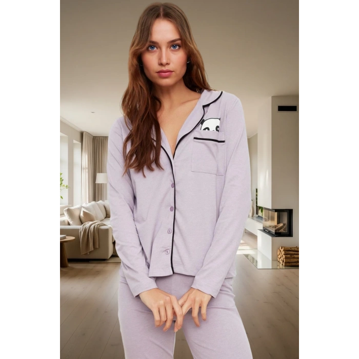 Panda Baskılı Örme Pijama Takımı Pamuklu Rahat Uzun Kollu Boru Paça Seçkin Malzeme