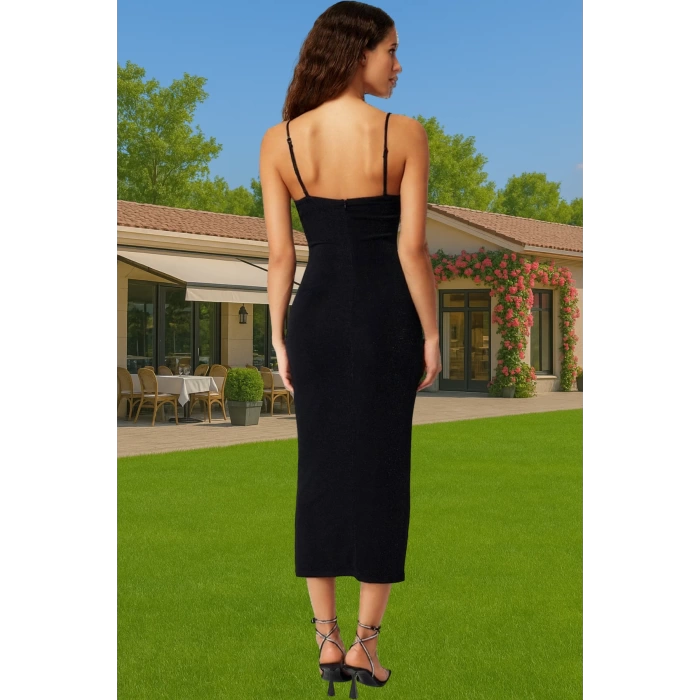 Parıltılı Örme Midi Elbise Vücudu Saran Askılı Degaje Yaka Modern Stil Şık Görünüm Özenle Seçilmiş