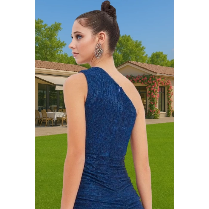Parıltılı Örme Mini Bodycon Abiye Elbise Astarlı Tek Omuz Yazlık Polyester Modern Stil Rahat Ve Şık