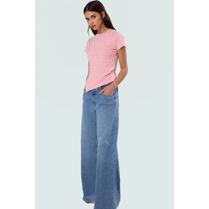 Parıltılı Taş Detaylı Pamuklu Örme T shirt Rahat Şık Yazlık Zarifane Tasarım Trend