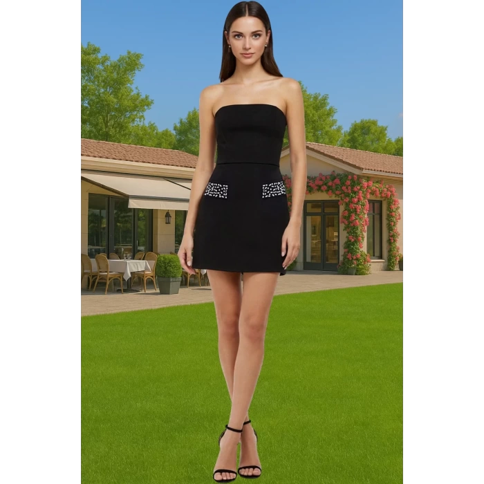 Parlak Taşlı Mini Abiye Elbise A line Polyester Dokuma Yazlık Premium Kalite Profesyonel Görünüm
