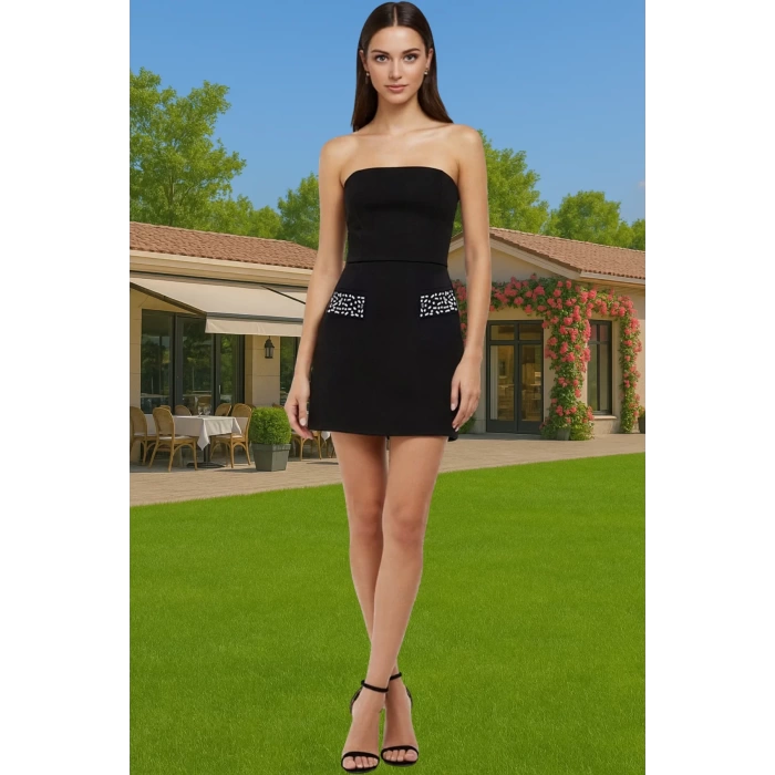 Parlak Taşlı Mini Abiye Elbise A line Polyester Dokuma Yazlık Premium Kalite Profesyonel Görünüm