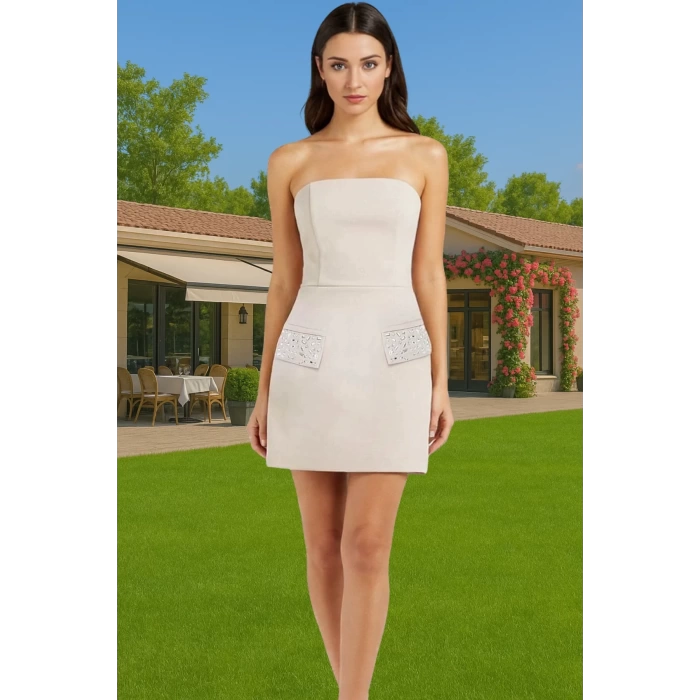 Parlak Taşlı Mini Abiye Elbise A line Polyester Dokuma Yazlık Premium Kalite Profesyonel Görünüm